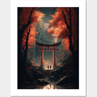 Magical Torii Gate in Autumn Japanese Forest - Aesthetic Anime and Manga-inspired Design Posters and Art